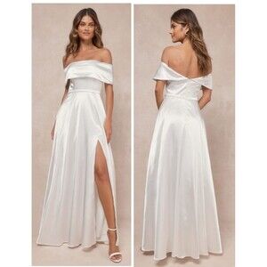 Lulus Greatest Hits White Satin Off-the-Shoulder Maxi Dress Size Large Wedding